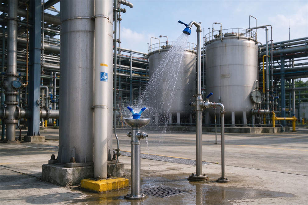 Worker using eyewash station to flush eyes after chemical exposure, emergency safety procedure for HazMat response Worker using eyewash station to flush eyes after chemical exposure, emergency safety procedure for HazMat response