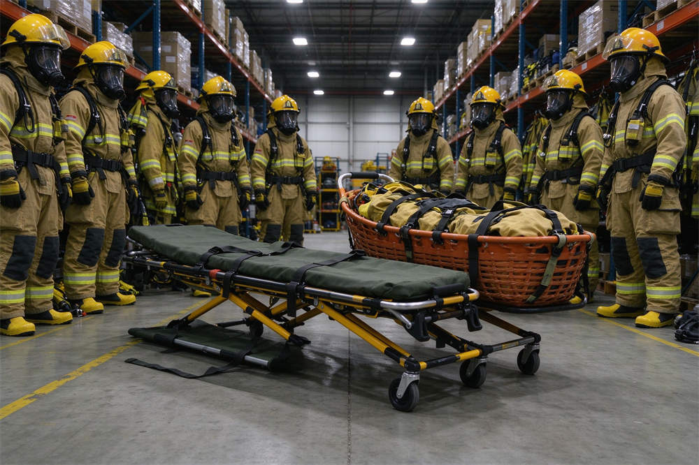 Rescue team resting after HazMat operation, chemical emergency kit response team in orange gear at incident site