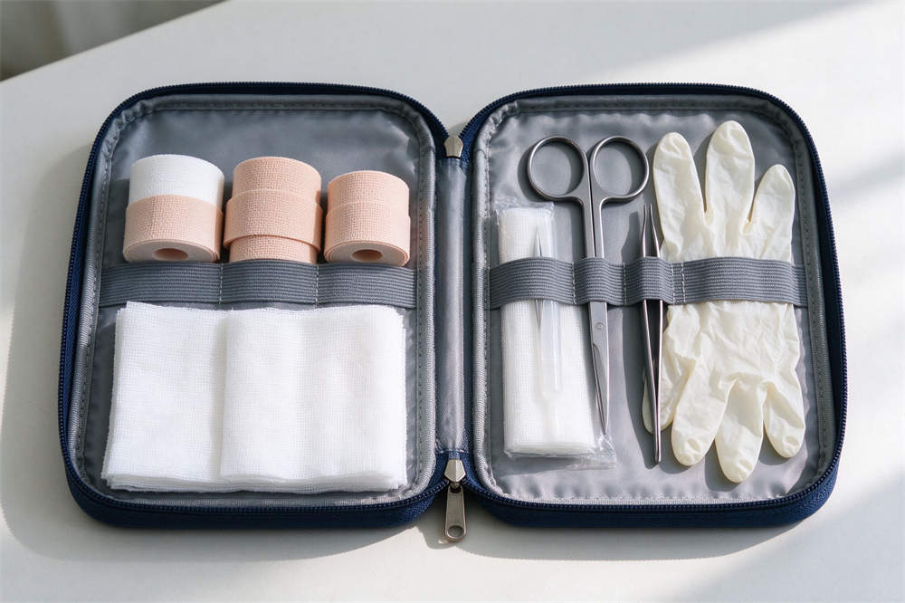 Flu first aid kit open with bandages gauze scissors tweezers no liquids, influenza preparedness medical supplies for home Flu first aid kit open with bandages gauze scissors tweezers no liquids, influenza preparedness medical supplies for home