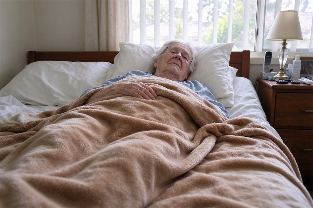 Elderly person resting at home covered with thick wool blanket, comfort and recovery supplies for influenza preparedness Elderly person resting at home covered with thick wool blanket, comfort and recovery supplies for influenza preparedness