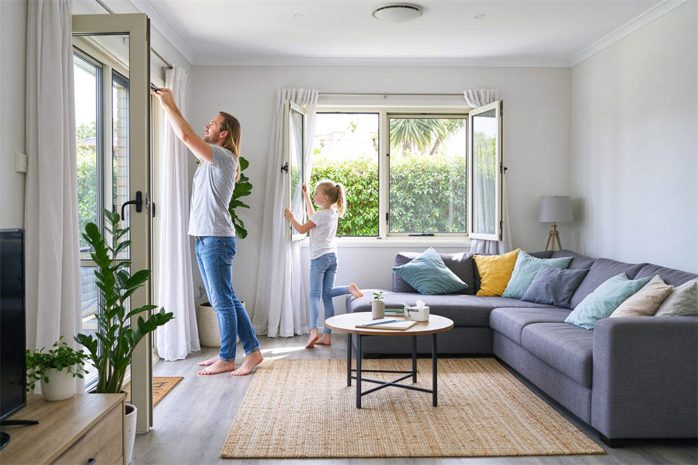 Family at home isolation opening windows for ventilation, influenza preparedness home care and infection control tips Family at home isolation opening windows for ventilation, influenza preparedness home care and infection control tips