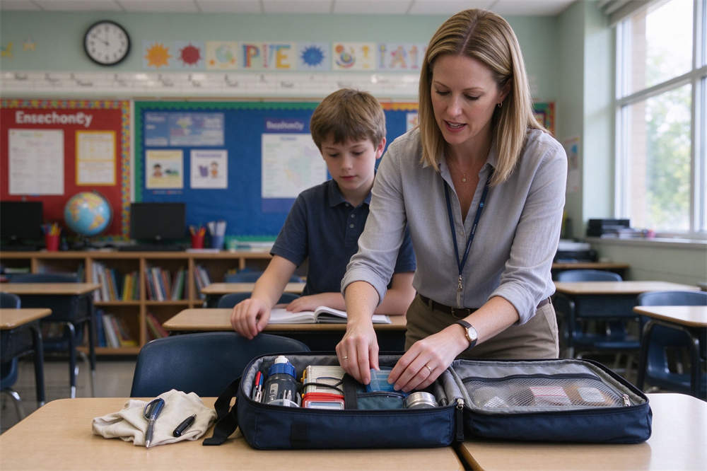 Teacher in classroom preparing emergency kit, school flu preparedness supplies for students and staff during influenza season Teacher in classroom preparing emergency kit, school flu preparedness supplies for students and staff during influenza season