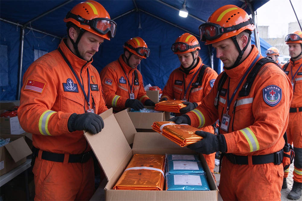 Rescue workers unboxing emergency blankets for distribution, bulk flu emergency relief kits for NGOs and organizations
