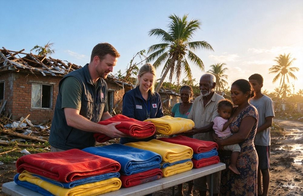Volunteers handing out cyclone shelter blankets to families in a storm-affected village in Mozambique, showing how cyclone relief supplies reach families after landfall