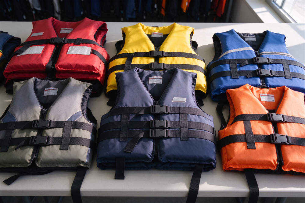PFD life jackets family multiple colors display, water safety kit essentials for boating and coastal emergency preparedness PFD life jackets family multiple colors display, water safety kit essentials for boating and coastal emergency preparedness