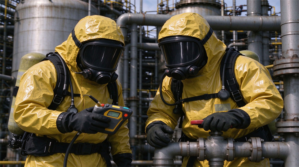 Two workers in yellow chemical protective suits use gas detector and operate pipeline valve at chemical plant Two workers in yellow chemical protective suits use gas detector and operate pipeline valve at chemical plant