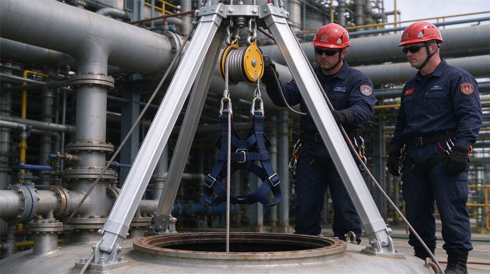 Two rescue technicians with red safety helmets operate confined space rescue tripod and winch above tank opening at petrochemical site. Two rescue technicians with red safety helmets operate confined space rescue tripod and winch above tank opening at petrochemical site.