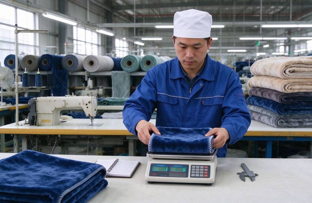Asian quality inspector weighing a blanket sample on a production floor to verify GSM against the drought relief specification, showing blanket specifications in action