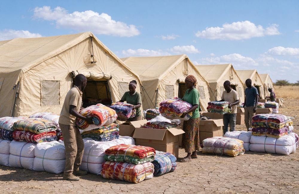 Rows of shade net shelters and stacked blanket bales at a drought relief camp in East Africa, showing drought shelter tents and bedding for displaced families