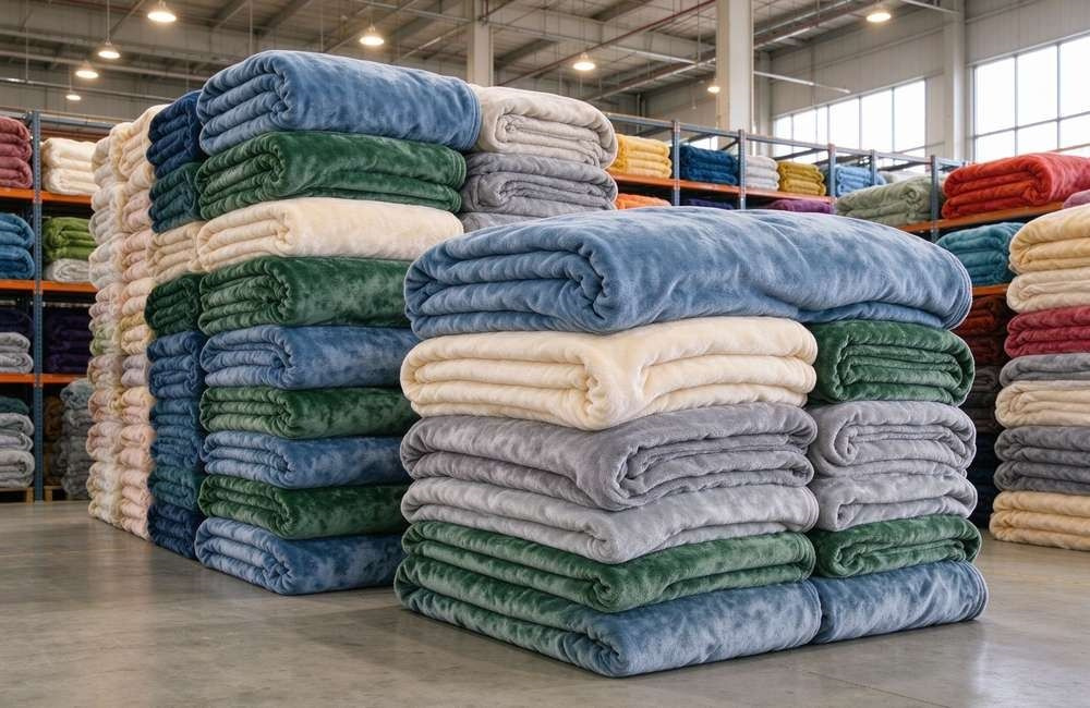 Stacked flannel blankets with a smooth dense weave, showing dust resistant blanket fabric that suits drought relief supplies in arid climates