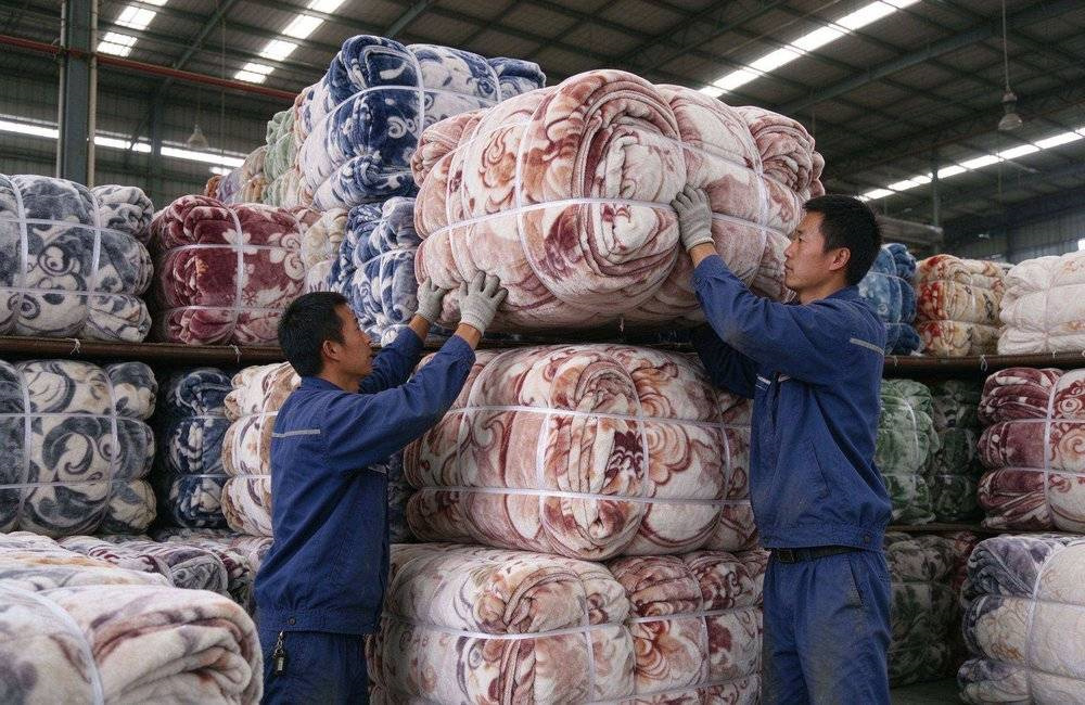Compressed blanket bales stacked on pallets in a dry-climate warehouse, showing drought response kits and packing for arid storage, bulk relief blankets for East Africa