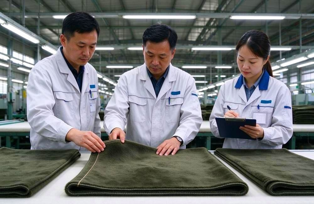 Quality inspectors in a production workshop checking blanket seams and dimensions against an RFQ specification, showing drought relief RFQ quality checks
