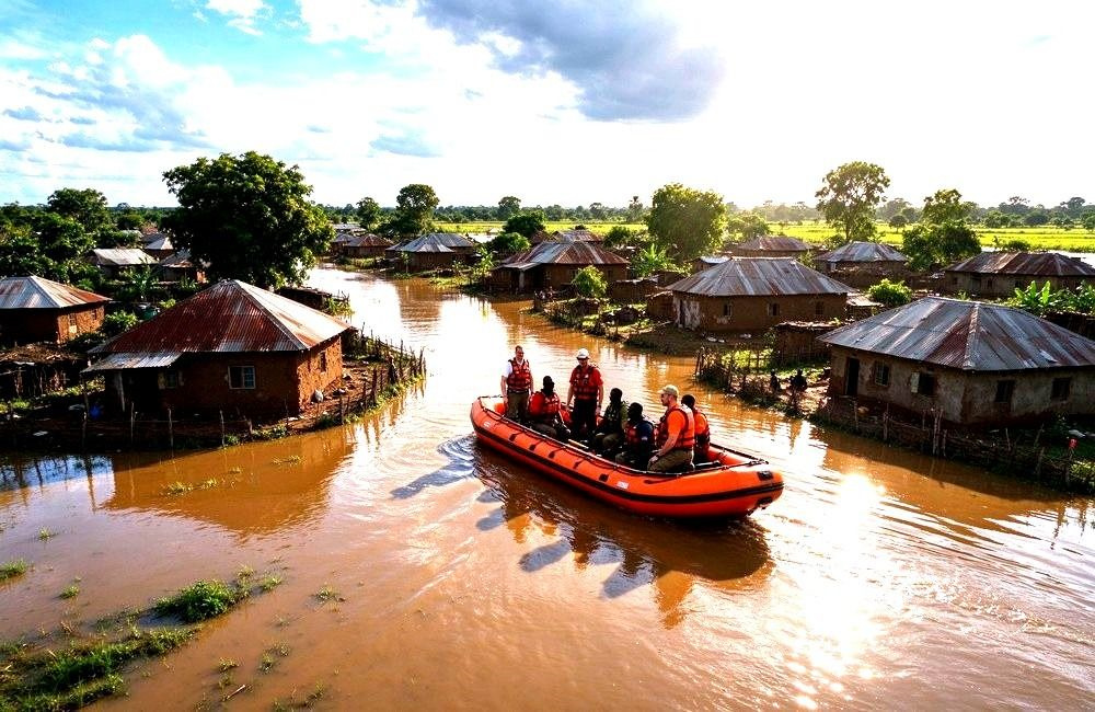 Aerial view of a flooded African village with brown floodwater surrounding rooftops and a rescue boat moving between houses, strong light contrast, wide landscape