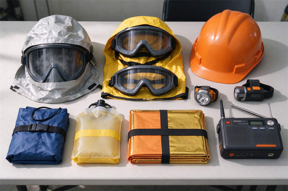 Volcano eruption relief products flat lay: smoke hoods, goggles, helmets, rain gear, water bladders, headlamp radio, no walkie talkies Volcano eruption relief products flat lay: smoke hoods, goggles, helmets, rain gear, water bladders, headlamp radio, no walkie talkies