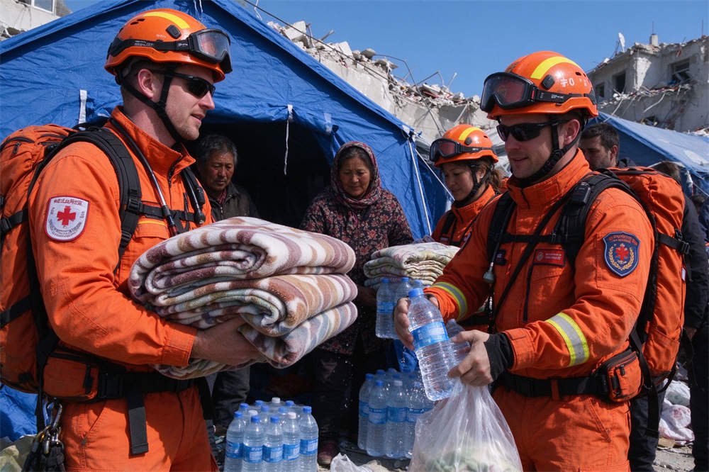 Rescue workers distributing blankets and water at bright outdoor relief site, volcano eruption relief supplies for affected communities Rescue workers distributing blankets and water at bright outdoor relief site, volcano eruption relief supplies for affected communities