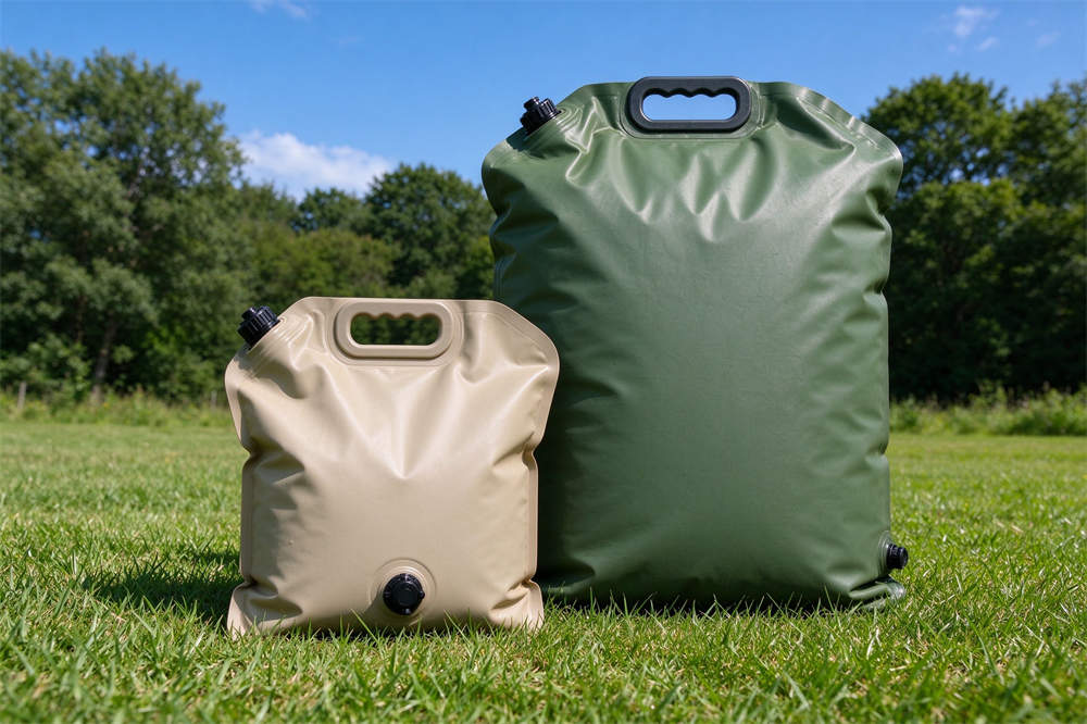 Foldable water bladders on grass, emergency water storage for volcano eruption relief and disaster preparedness Foldable water bladders on grass, emergency water storage for volcano eruption relief and disaster preparedness