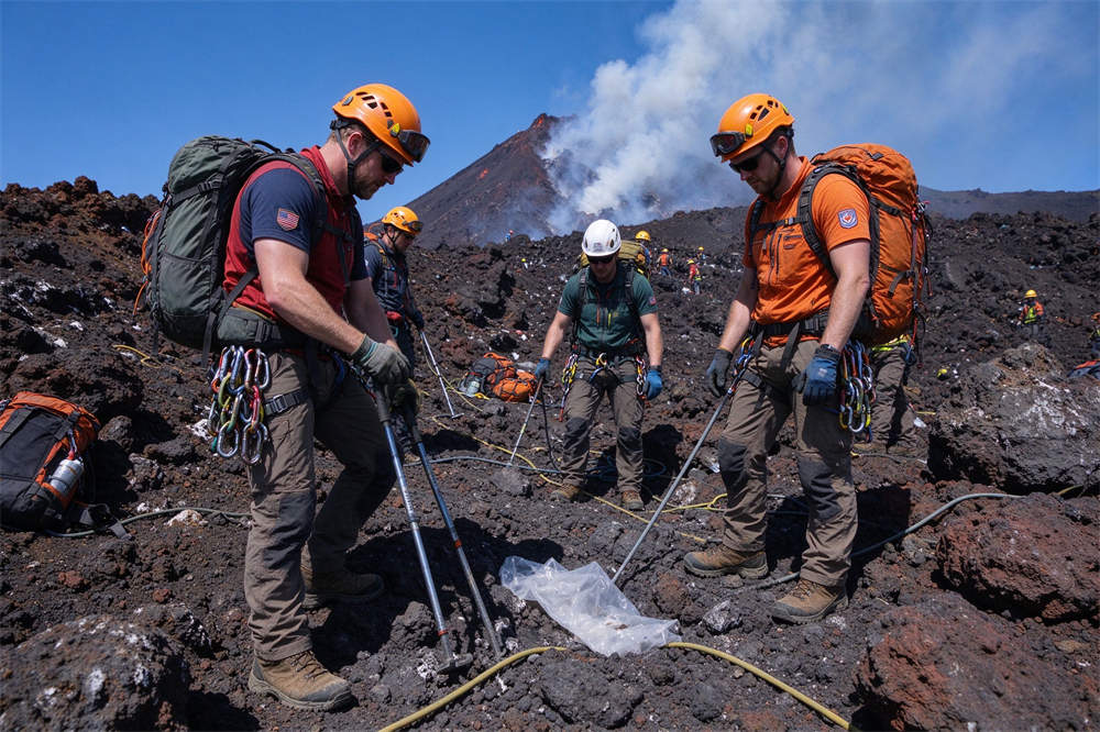 Rescue crew working at volcano site, volcano emergency response team in PPE and safety gear